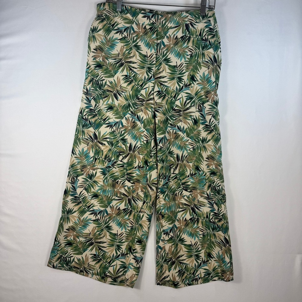 J. Jill Wearever Tropical Palm Leaf Wide Leg‎ Pants Green Tan Medium Pull On
